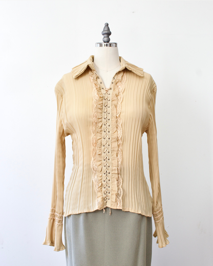 00s Pleat Lace-Up Blouse x Dress-U by Sharon (M)