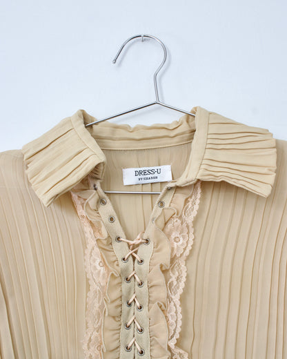 00s Pleat Lace-Up Blouse x Dress-U by Sharon (M)