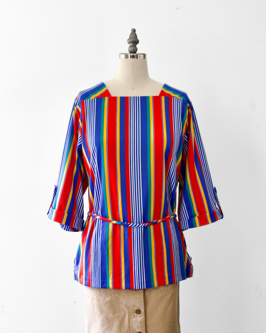 60s Rainbow Stripe Tie Blouse x Knitmaker (L)