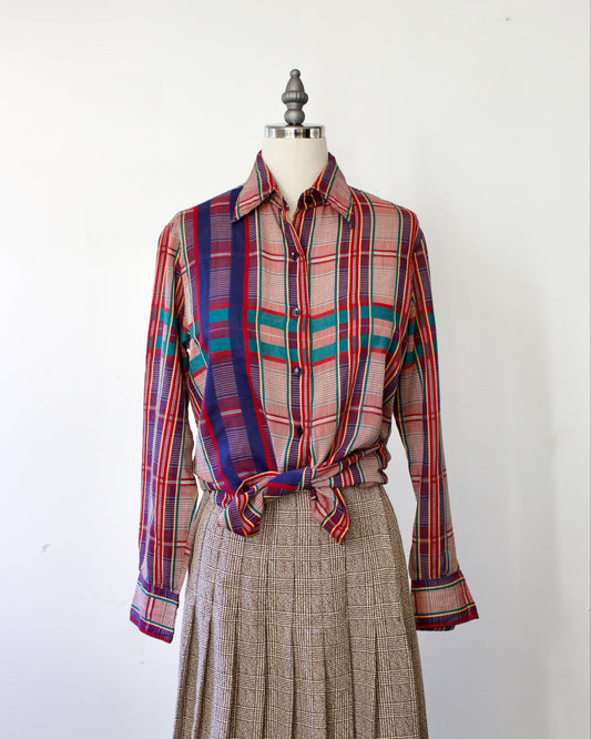 80s Cotton-Blend Plaid Shirt x Gloria Vanderbilt (S)