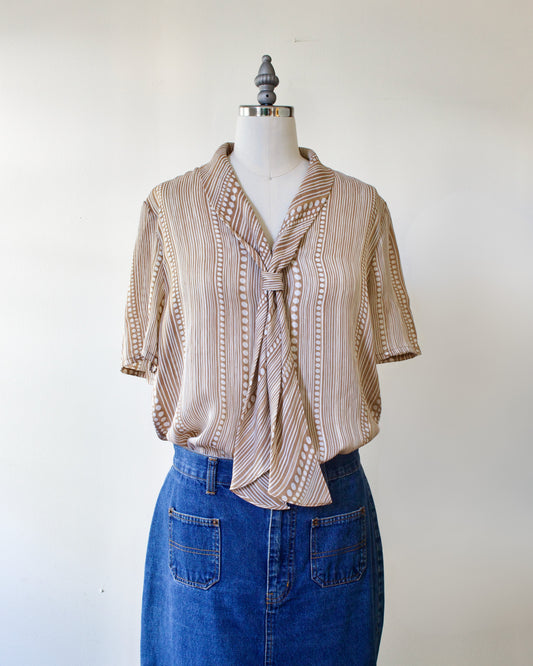 80s Stripe Print Tie Blouse x Shapely (S-M)