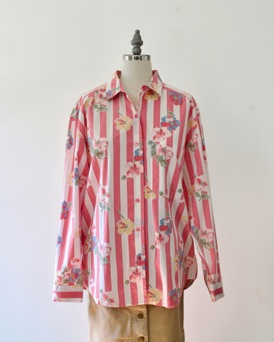 90s Cotton Floral Stripe Shirt x Talbots (M)