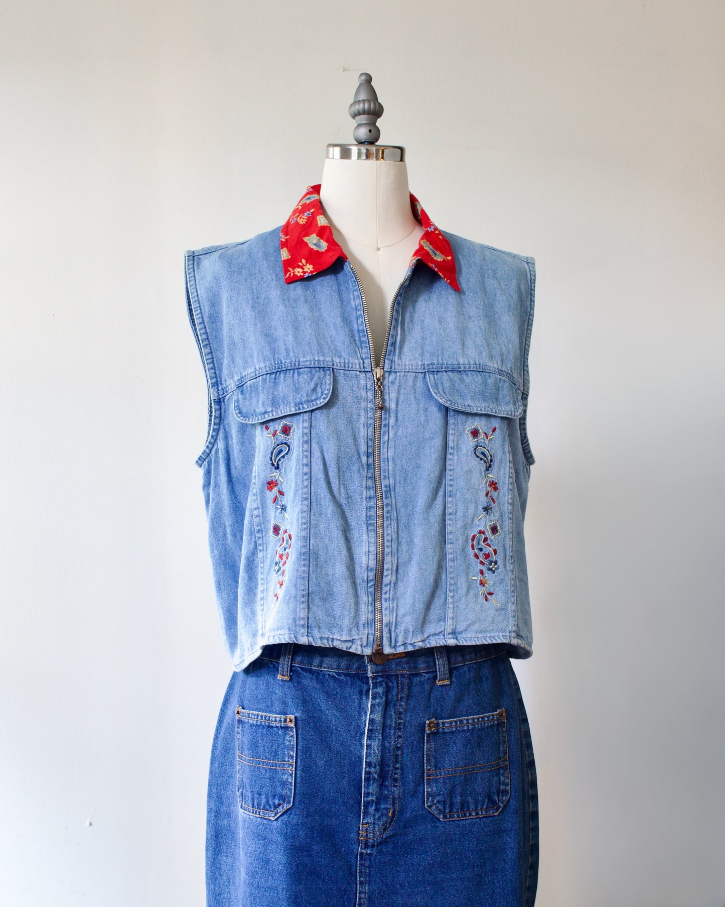 90s Denim Paisley Zip Vest x New Look (S)