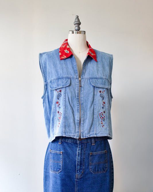 90s Denim Paisley Zip Vest x New Look (S)