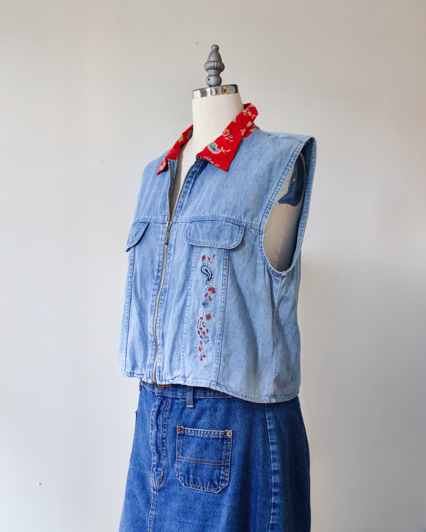 90s Denim Paisley Zip Vest x New Look (S)