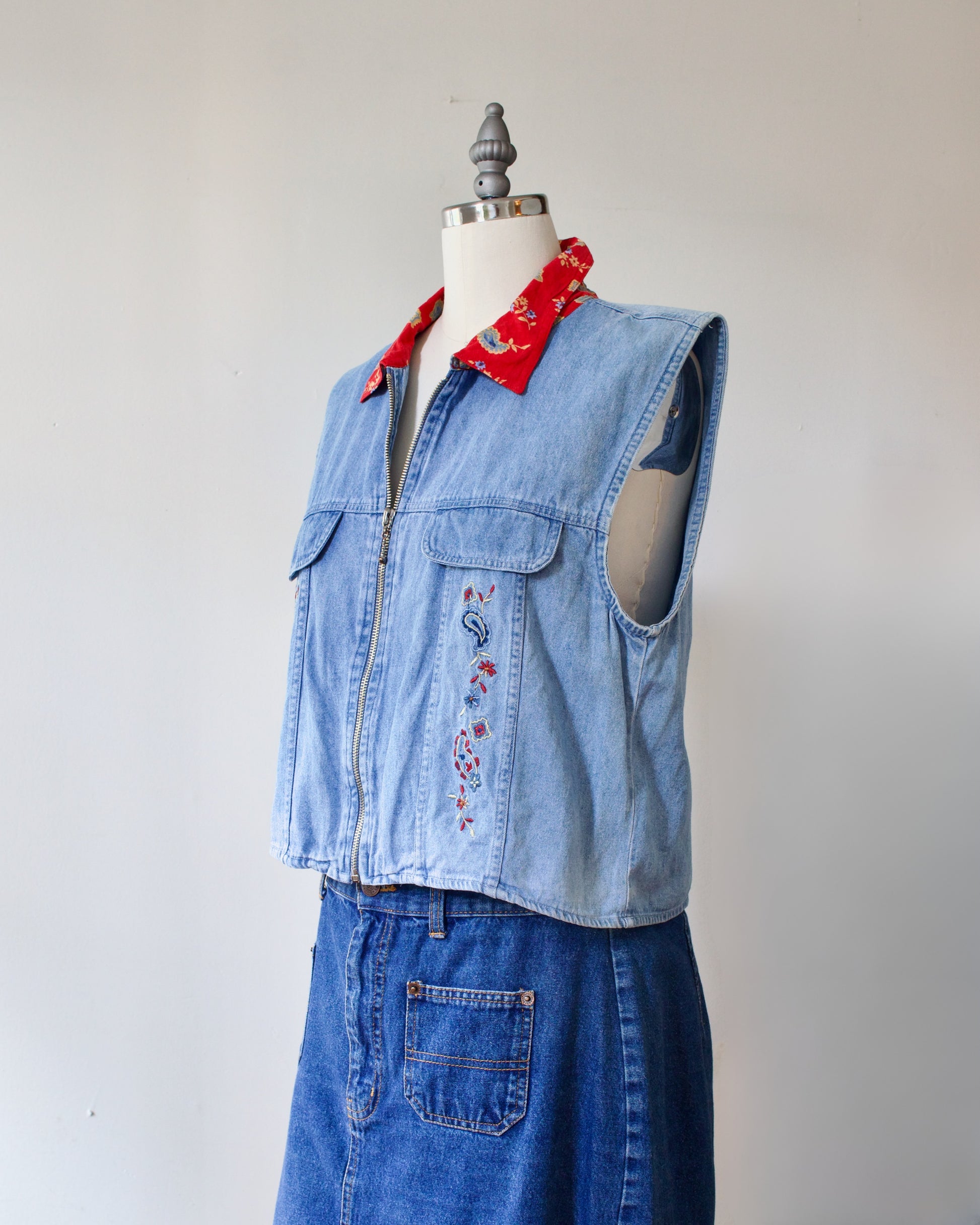 90s Denim Paisley Zip Vest x New Look (S)