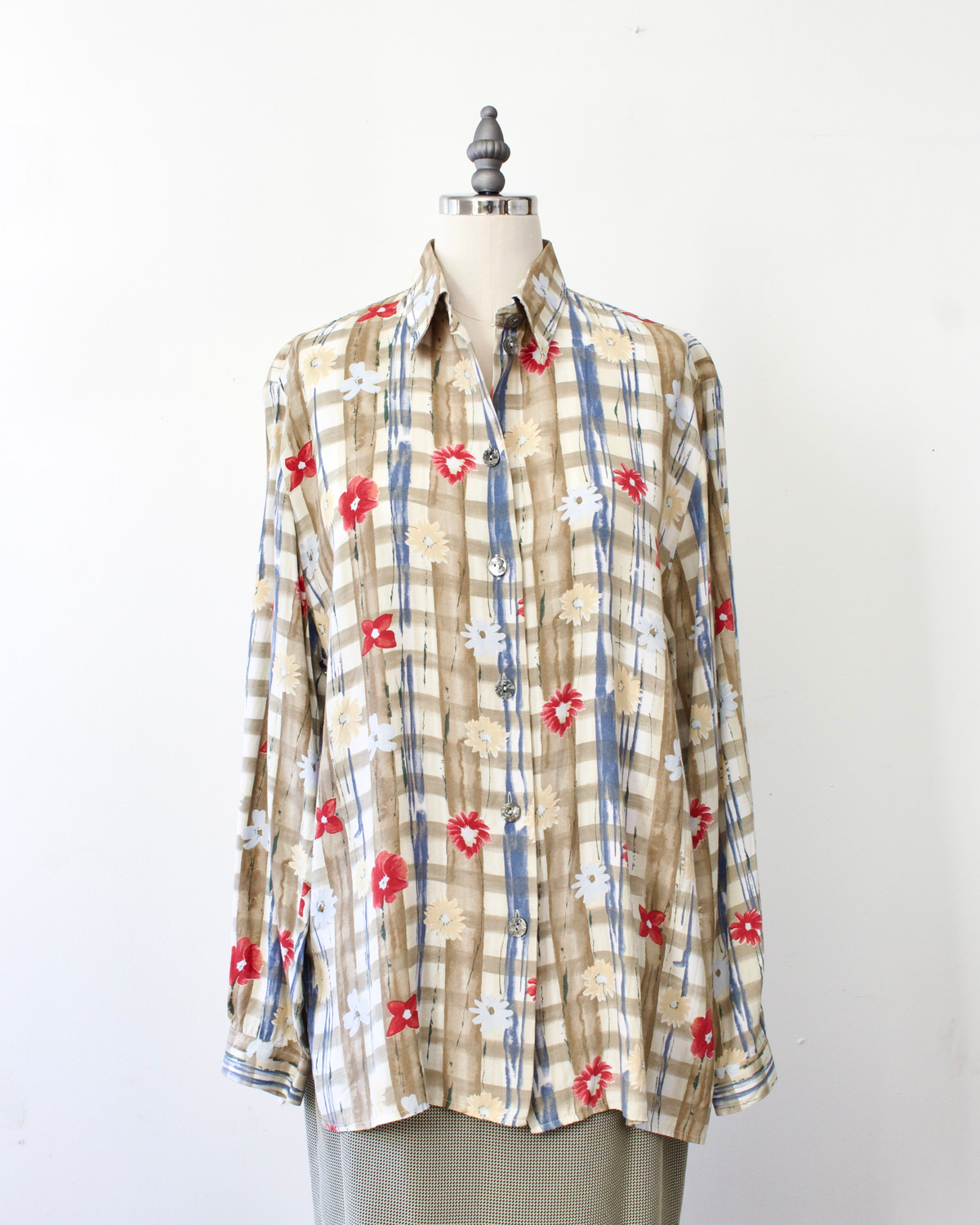 90s Plaid Floral Blouse x Creation Leardini (M)