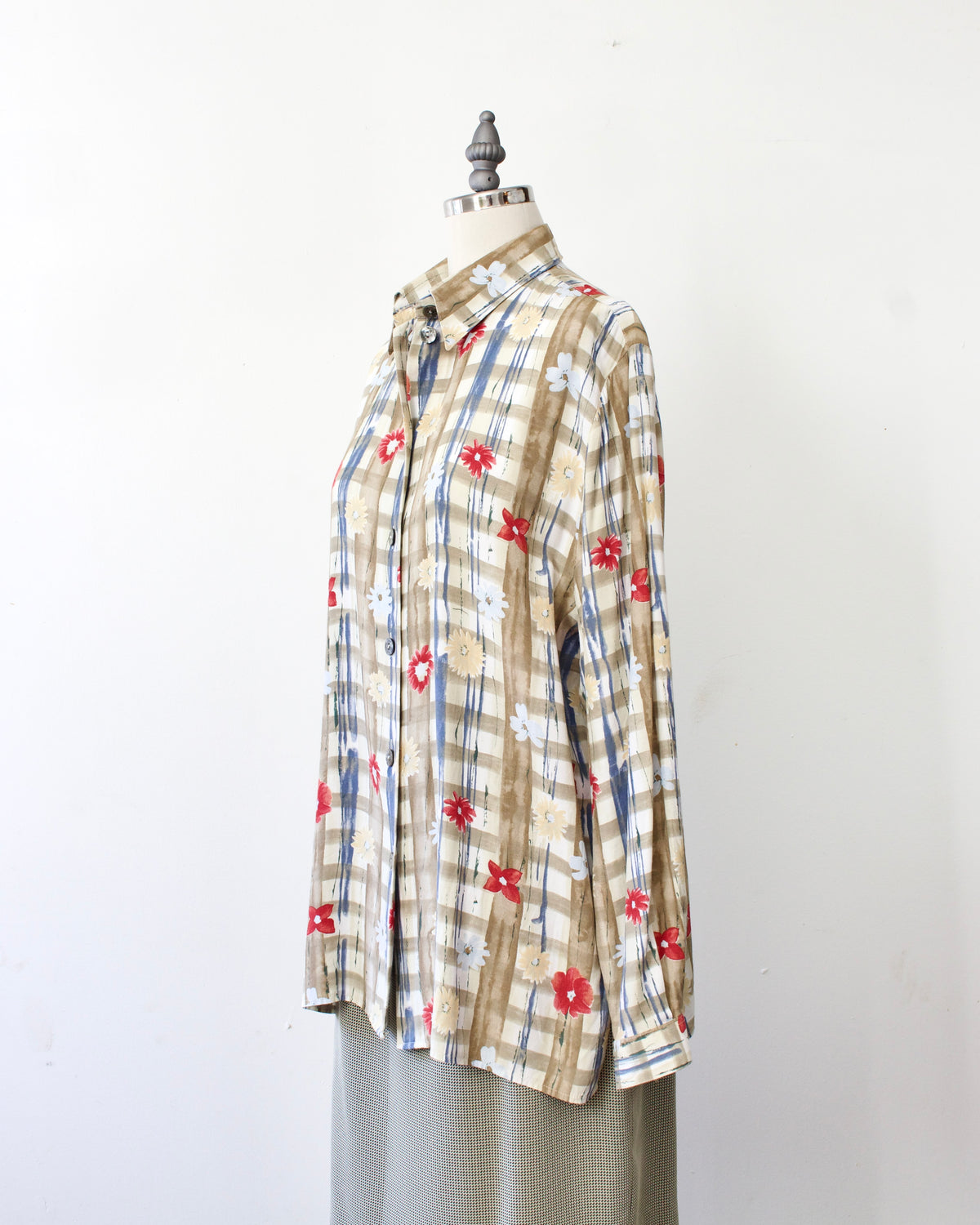 90s Plaid Floral Blouse x Creation Leardini (M)